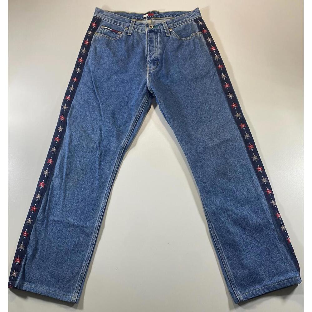 Vintage Tommy Jeans Blue Denim Pants with Star Side Stripes